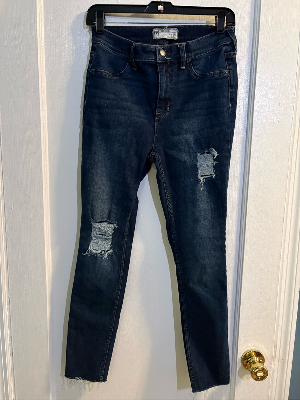 Free People Dark Wash Skinny Jeans with Knee Distressing